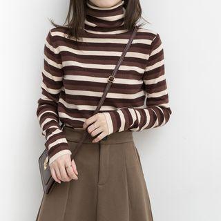Striped Turtleneck Long-sleeve Knit Top Stripe - Coffee - One Size