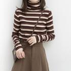Striped Turtleneck Long-sleeve Knit Top Stripe - Coffee - One Size