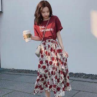 Set: Short-sleeve Top + Floral Midi A-line Skirt