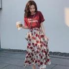 Set: Short-sleeve Top + Floral Midi A-line Skirt