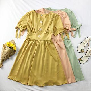 Ruffled-cuff V-neck A-line Dress