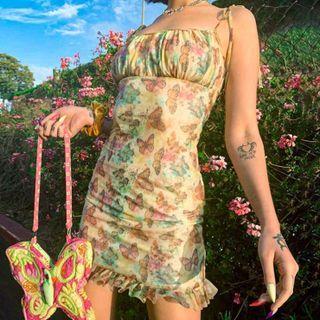 Butterfly Print Ruffle-trim Strappy Mini Bodycon Dress