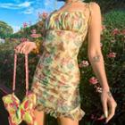 Butterfly Print Ruffle-trim Strappy Mini Bodycon Dress