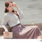 Stand Collar V-neck Beaded-button Long Sleeve Shirt