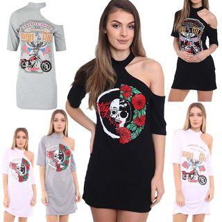 Print Open Shoulder Short-sleeve Dress