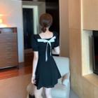 Puff-sleeve Square-neck A-line Mini Dress Black - One Size