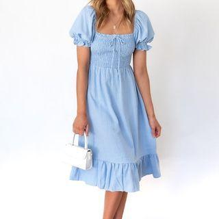 Plaid Print Square-neck Short-sleeve Midi A-line Dress