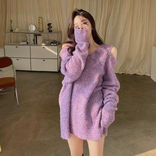 Zipper-shoulder Oversized V-neck Sweater Violet - One Size