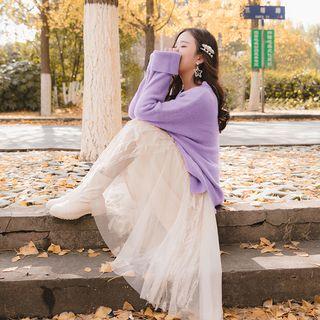 Plain High-waist Semi Skirt Almond - F