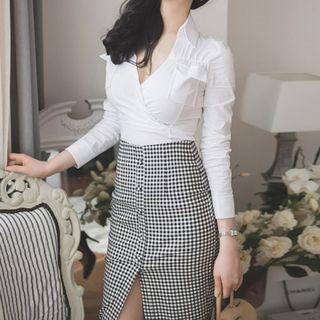 Set: V-neck Blouse + Gingham Skirt
