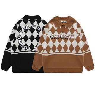 Lettering Embroidered Argyle Polo Neck Sweater
