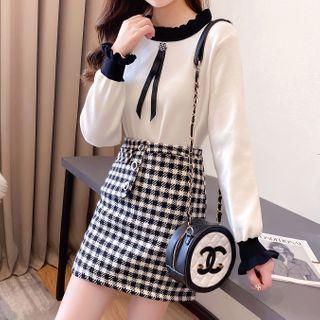 Set: Puff-sleeve Blouse + Plaid Mini Skirt