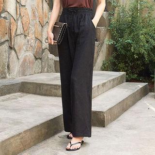 Band-waist Wide-leg Linen Blend Pants