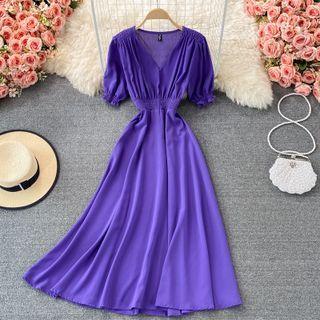 Plain V-neck Short-sleeve Maxi Dress