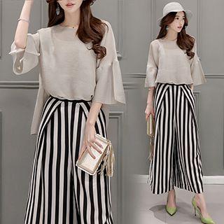 Set: Elbow-sleeve Chiffon Top + Striped Wide Leg Pants