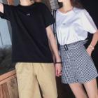 Couple Matching Short-sleeve Print T-shirt / Plain Shorts / Gingham Shorts
