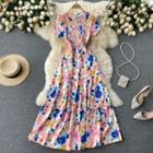 Round-neck Print Short-sleeve Dress Floral - One Size