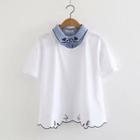 Inset Denim Short Cat Embroidered Top White - One Size