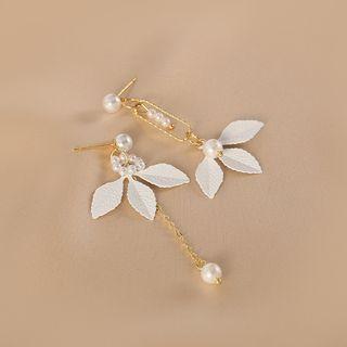 Leaf Asymmetrical Faux Pearl Alloy Dangle Earring 1 Pair - Gold - One Size
