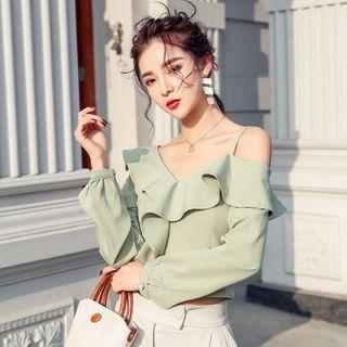 Long-sleeve Cold Shoulder Ruffled Crop Top