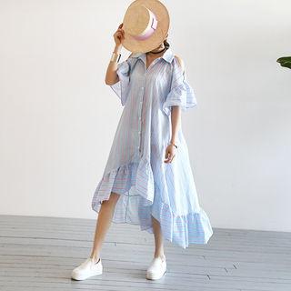 Cutout-shoulder Ruffled Shirtdress