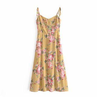 Floral Slit Spaghetti-strap A-line Dress