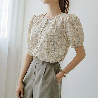 Puff-sleeve Shirred Floral Blouse