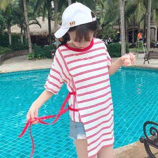 Elbow-sleeve Striped Strappy Long Top
