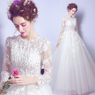 Flower Applique Long-sleeve A-line Bridal Evening Gown