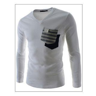 Pocketed V-neck Long-sleeve T-shirt
