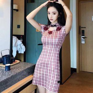 Short-sleeve Plaid Floral Mini Qipao