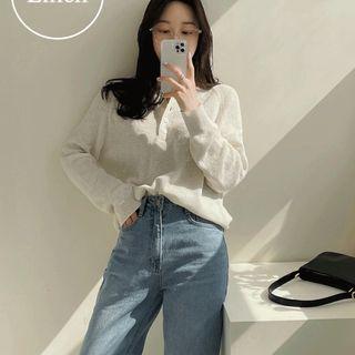 Half-placket Reglan-sleeve Knit Top