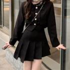 Long-sleeve Plain Cropped Jacket / Pleated A-line Mini Skirt