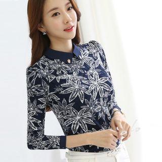 Fleece-lined Leaf Print Blouse