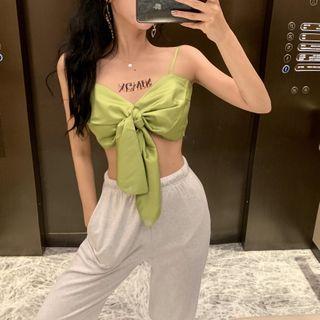 Spaghetti Strap Front Knot Satin Top Green - One Size