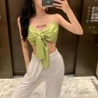 Spaghetti Strap Front Knot Satin Top Green - One Size