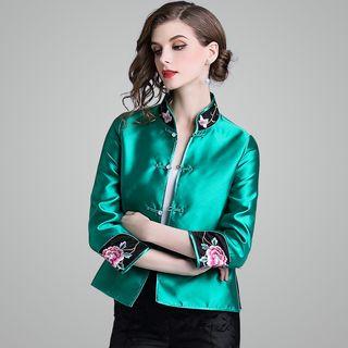 3/4-sleeve Contrast-trim Embroidered Cheongsam Jacket