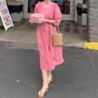 Square-neck Lantern-sleeve Midi Shift Dress Pink - One Size