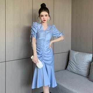 Short-sleeve Shirred Midi Mermaid Dress