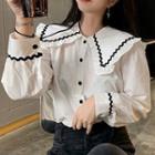 Long-sleeve Wide-collar Frill Trim Gingham Check Blouse