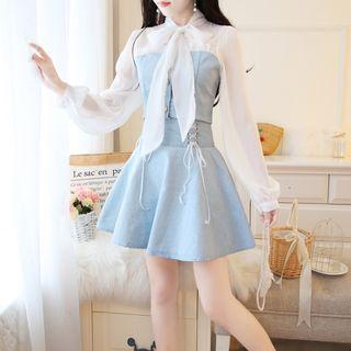 Set: Tie-neck Color-block Blouse + A-line Skirt