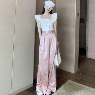 Short-sleeve Plain Lace-up Top / High-waist Plain Wide-leg Pants