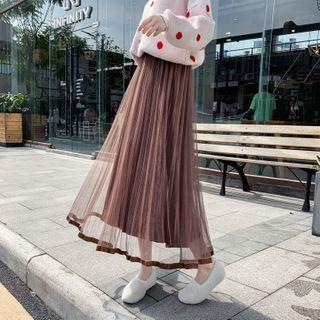 Mesh Panel Midi A-line Accordion Pleated Skirt