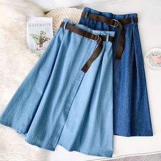 A-line Denim Midi Skirt With Belt