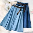 A-line Denim Midi Skirt With Belt