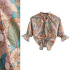Frill Collar Elbow Sleeve Floral Print Crop Shirt