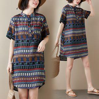Short-sleeve Patterned Shirt Dress Blue - One Size