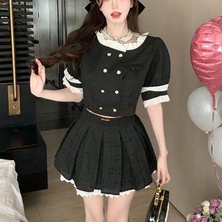 Puff-sleeve Double-breasted Top / Pleated Mini A-line Skirt