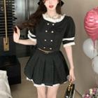 Puff-sleeve Double-breasted Top / Pleated Mini A-line Skirt