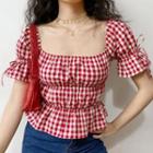 Gingham Short-sleeve Square-neck Cropped Blouse
